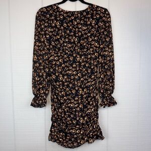 Storia Black Floral Bodycon Mini Dress Ruched High Neck Ruffle Sleeves S